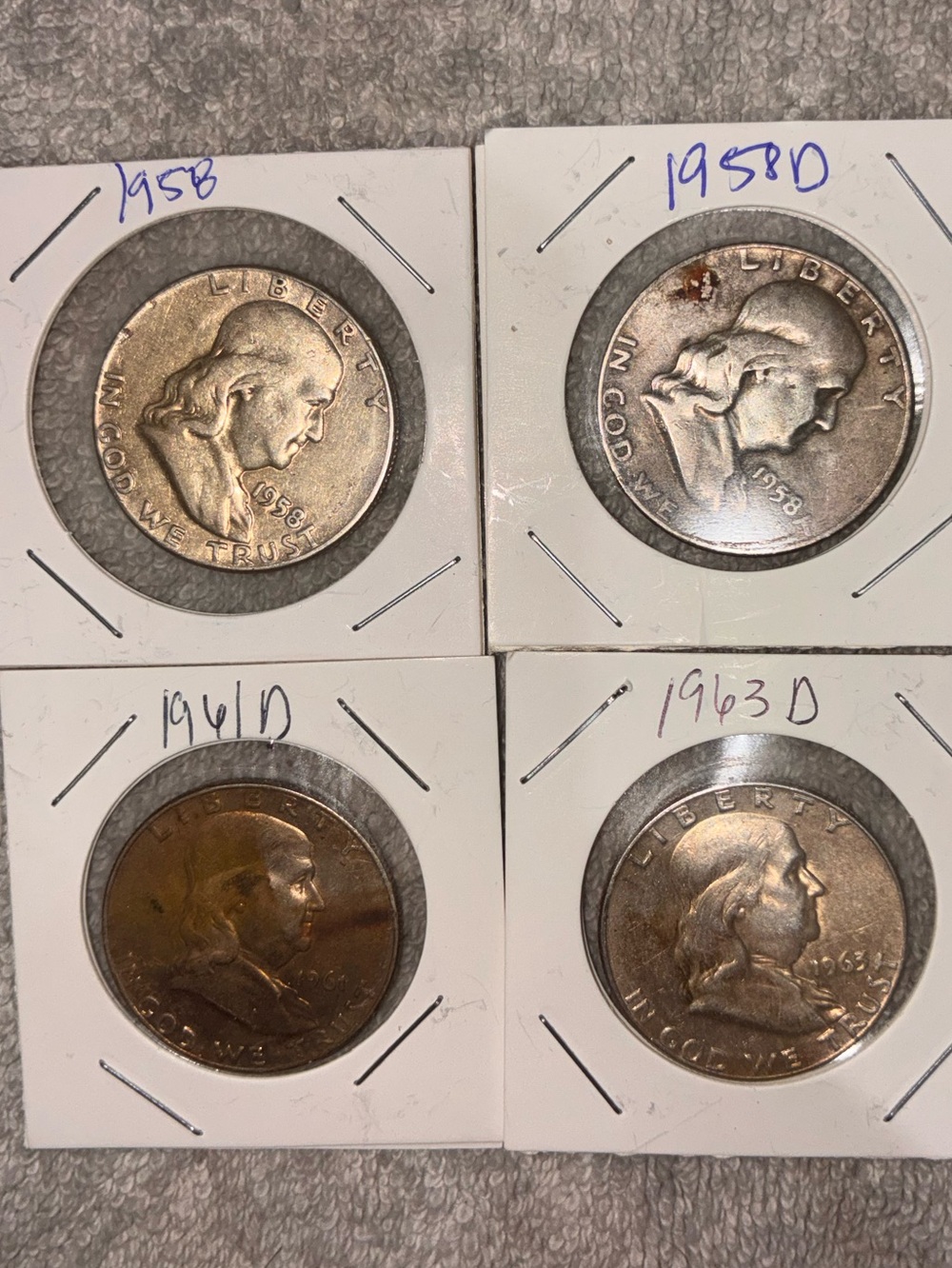 4 Franklin Half Dollar Coins - 1958, 1958D, 1961D, 1963D Silver
